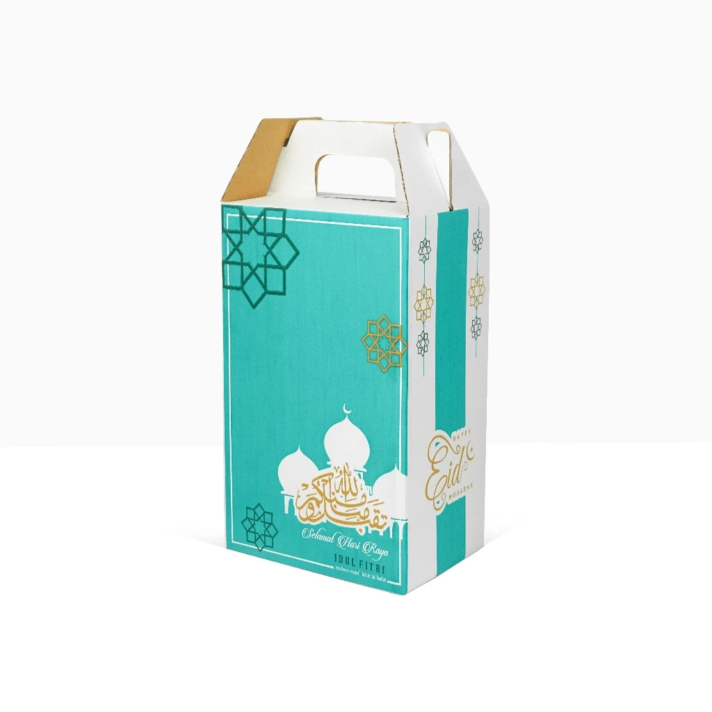 

( 10 Pcs )Box Tenteng Murah Bahan Tebal Kokoh Edisi Lebaran Motif Eid Tosca Dus Sembako Parcel Ukuran 20x15x30 Cm