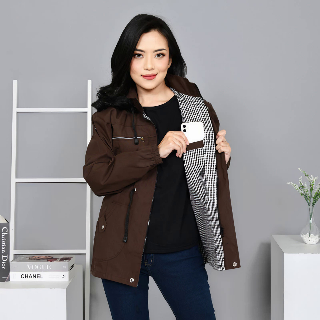 Jaket Parka Wanita Jumbo Korean Style Baby Canvas Kekinian Warna Coklat Tua Size M-4XL Musim Dingin