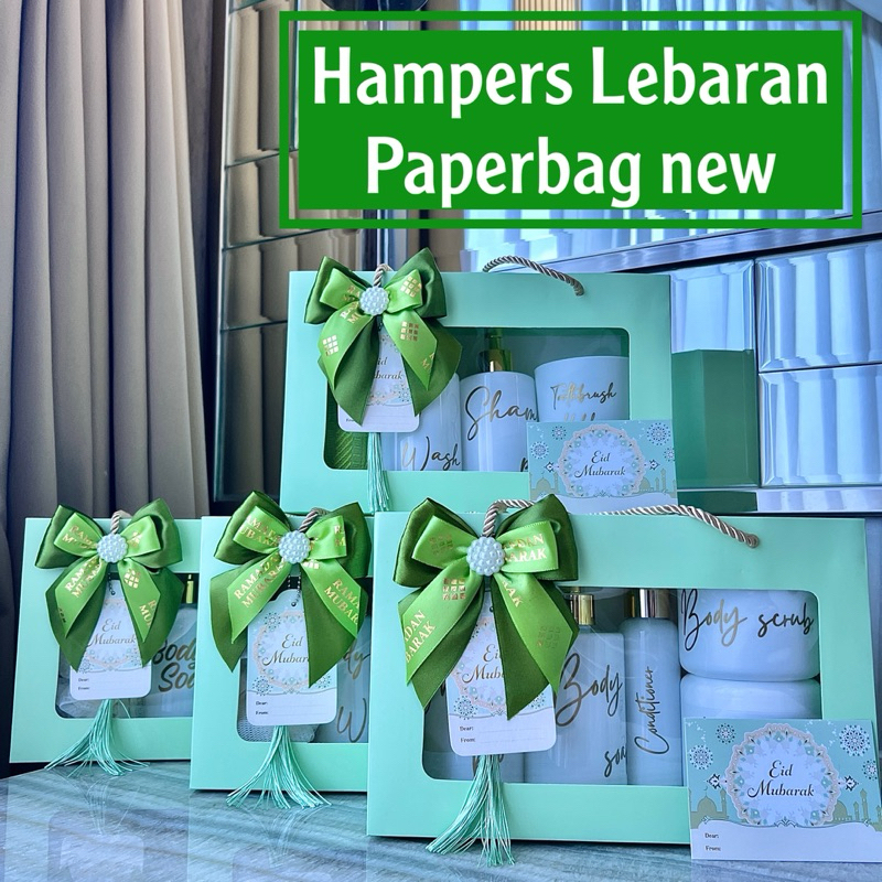 

Hampers LEBARAN PAPERBAG HIJAU IDUL FIRTI EID MUBARAK set tempat sabun cair aesthetic souvenir botol