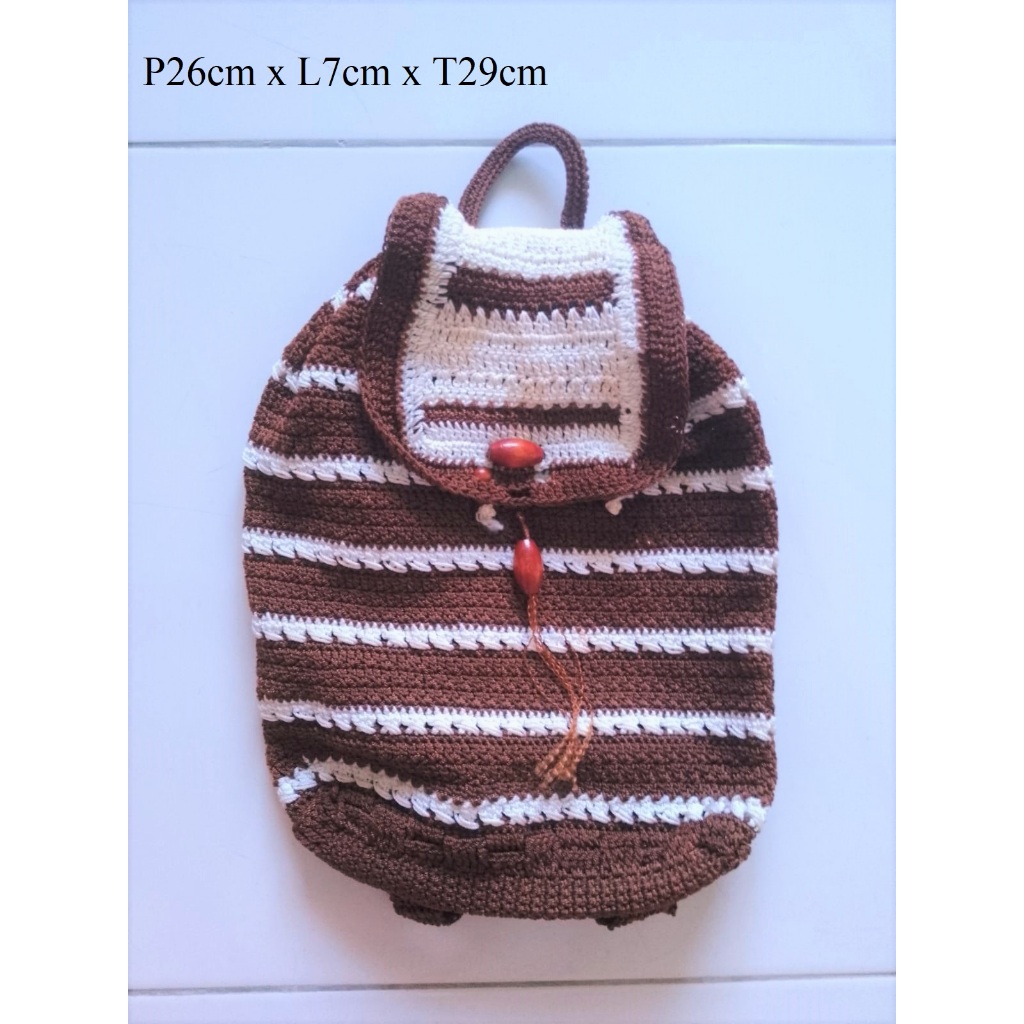 Preloved Tas Ransel Backpack Wanita Rajut Serut Coklat Handmade