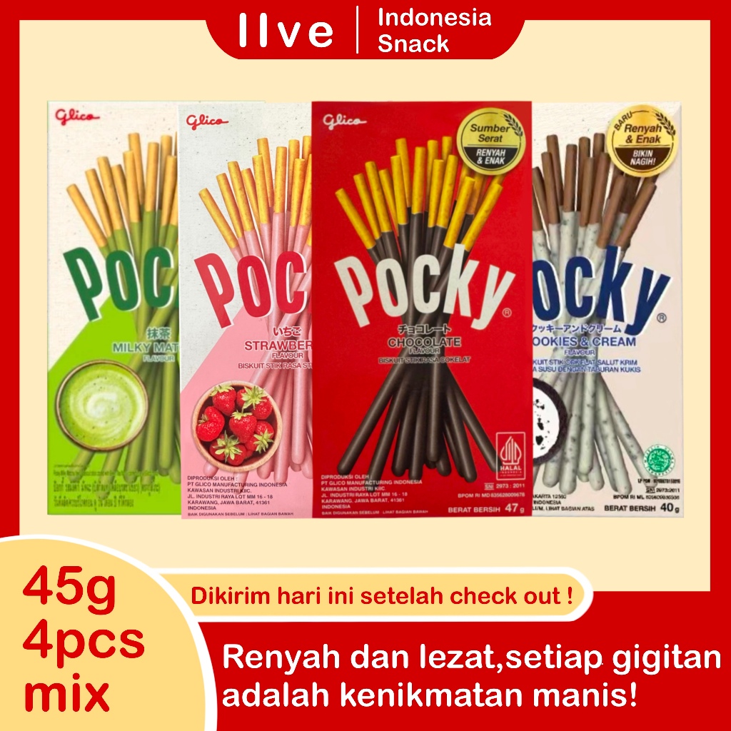 

Glico Pocky stick biscuit 47gram - 4pcs Coklat | Strawberry | Double Choco| Cookies & Cream | Matcha