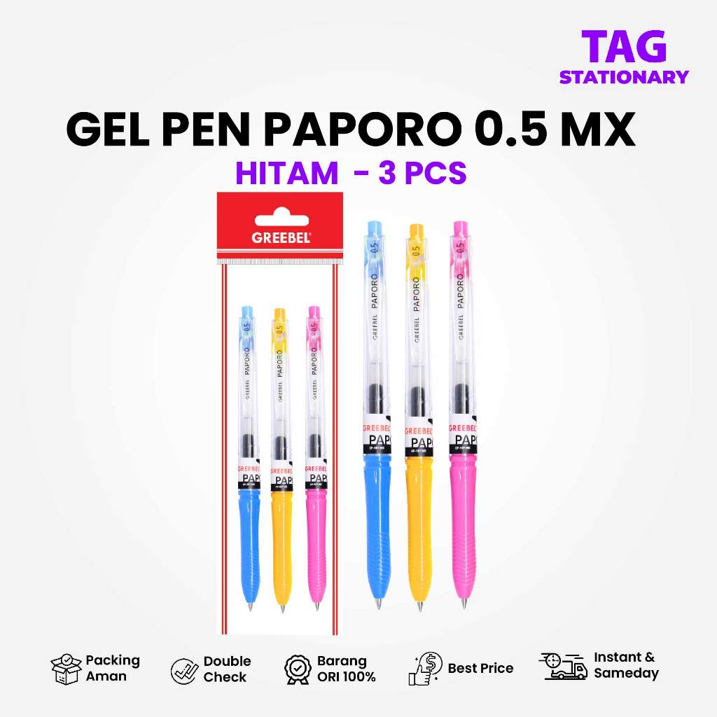 

GREEBEL PULPEN GEL / GEL PEN GP-507 PAPORO MX 0.5 Hitam 3PCS/SET / Ballpen Bolpoin Bolpen Cetek