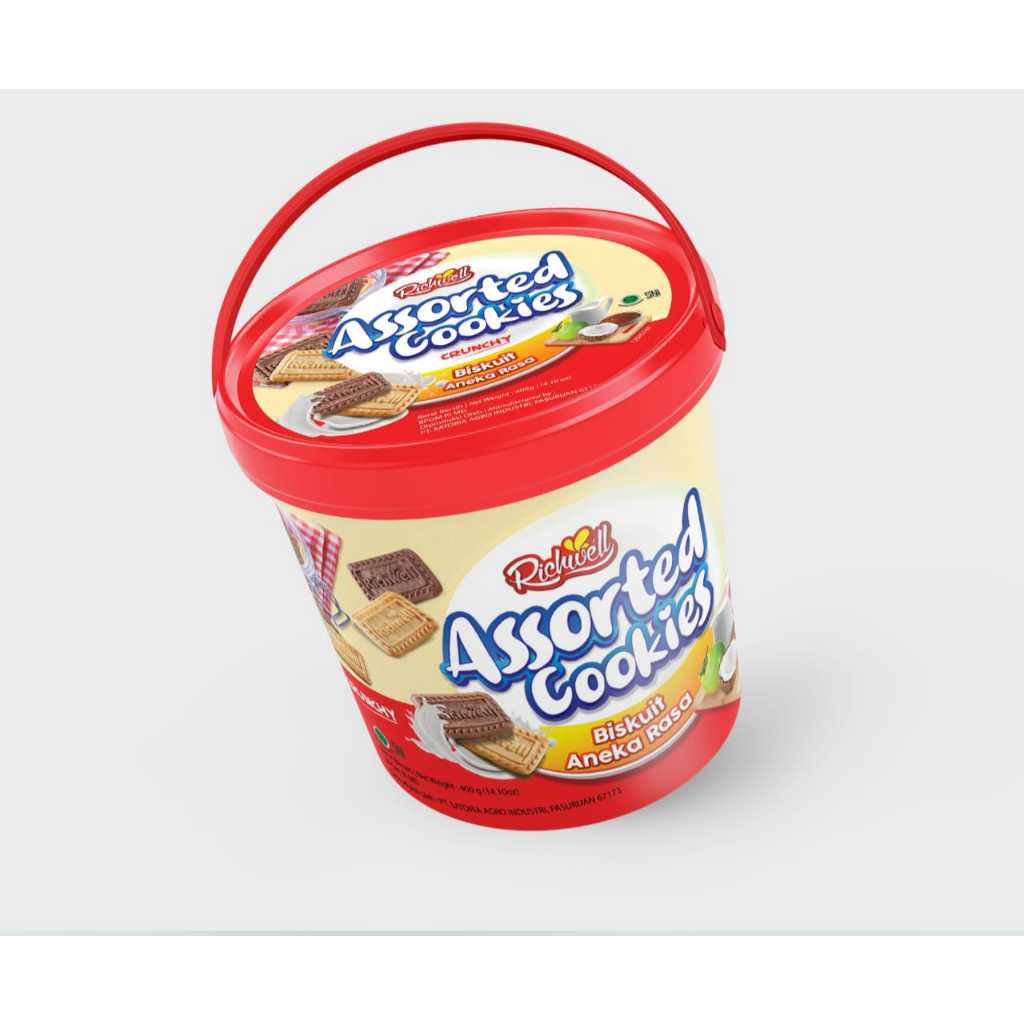 

Richwell Cookies Assorted 400g Cemilan Snack Biskuit Rasa Coklat, Kelapa, Susu, kemasan Timba