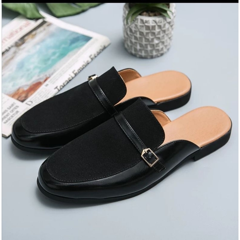 XAGUMI - Sepatu Selop Pria Hitam Kulit Sandal Bustong Laki laki Sendal Tutong Casual Pansus Ori