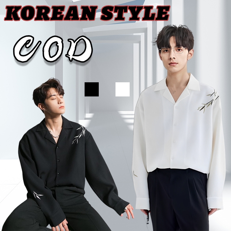 Kemeja Pria Lengan Panjang Bordir V Neck Kemeja Hitam/Putih Pria Baju Asimetris Pria casual distro K