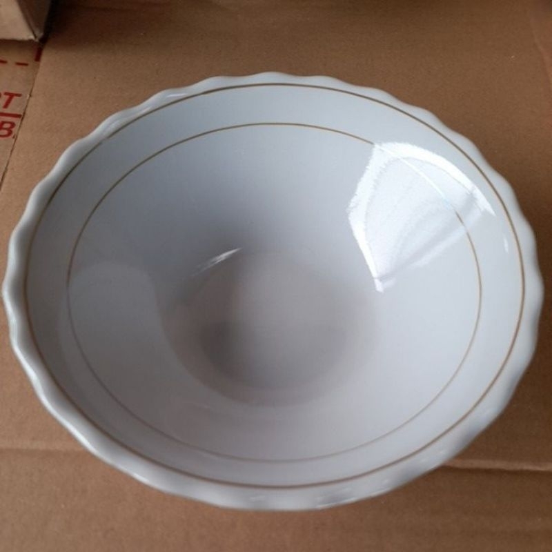 12 PCS MANGKOK MAKAN KERAMIK 7 INCH LILIA LIST EMAS GELOMBANG PUTIH