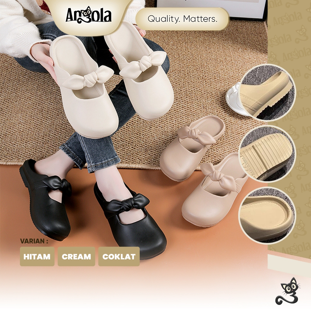 ANGOLA Sandal Mules Pita Wanita H17 Sendal Slip On Karet Korea Santai Cewek Elegan Mewah Perempuan