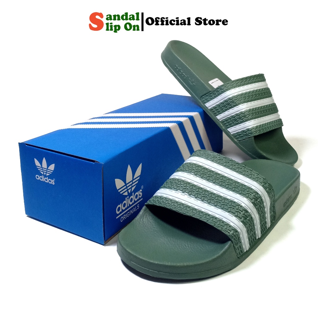 Sandal Selop Casual Adidas pria wanita tipe slip on warna hijau muda garis putih TERBARU