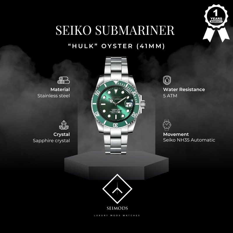 Jam Tangan Seiko Mod Submarine Hulk Green NH35 Automatic Oyster Watch