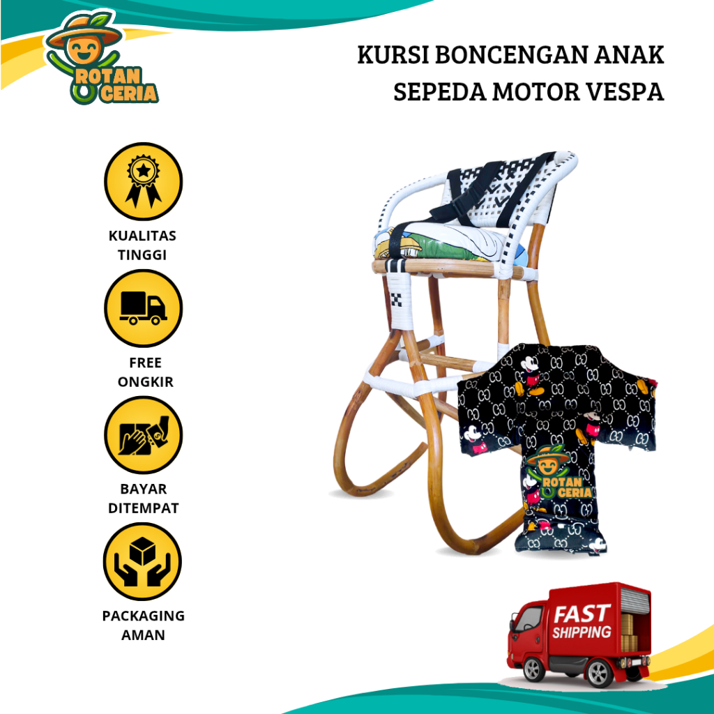 Kursi Boncengan Motor VESPA MULTIFUNGSI untuk Anak Full Anyaman Jok Karakter
