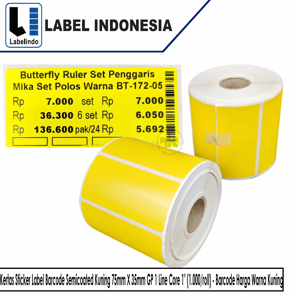 

Kertas Sticker Label Barcode Semicoated Kuning 75mm X 35mm GP 1 Line Core 1" (1.000/roll) - Barcode Harga Warna Kuning