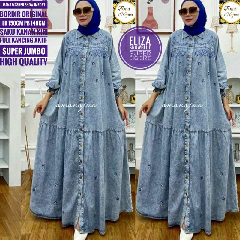 Eliza Bordir ld 150 Dress muslim Gamis jeans JUMBO Maxy umbrella lebar & Longgar / Amj