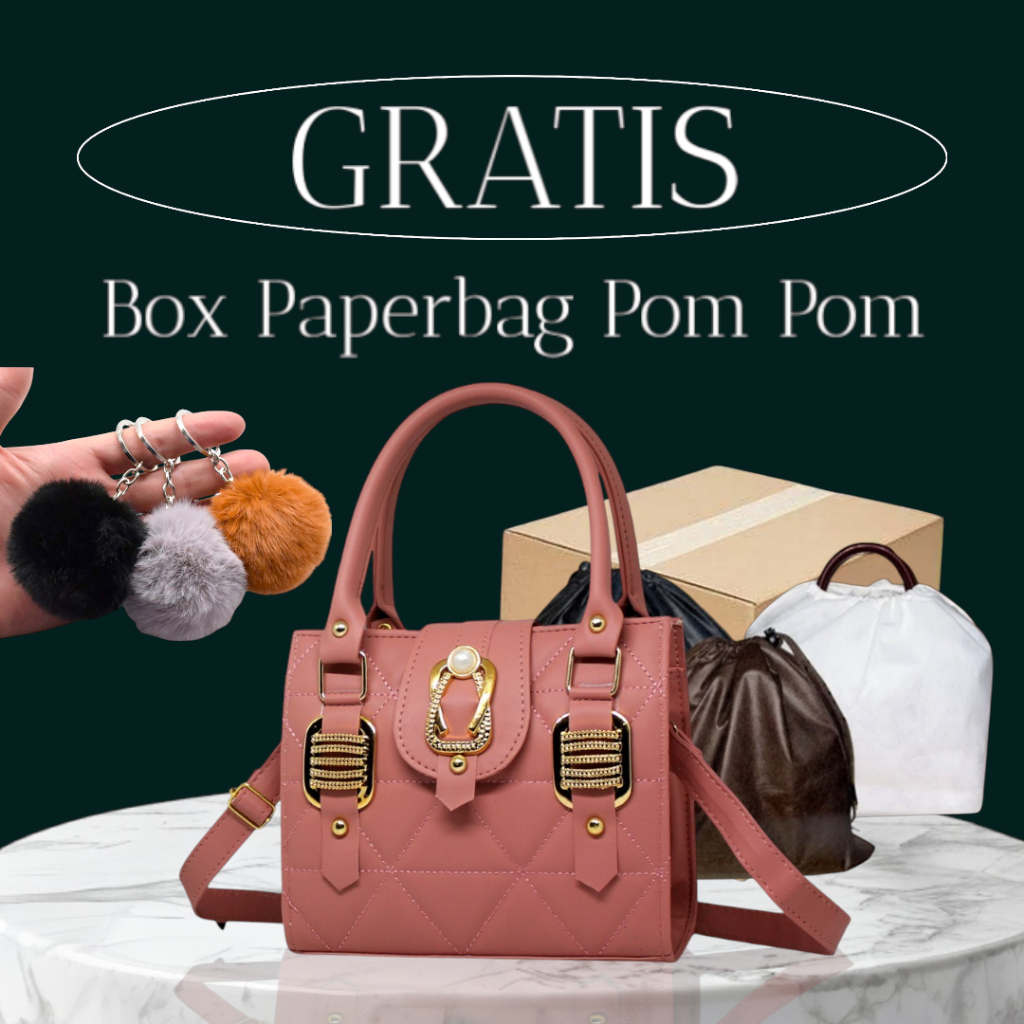 Tas Wanita Selempang Fashion  Ibu Ibu Kondangan Pesta Dapat Box Coverbag Gantungan Pom2