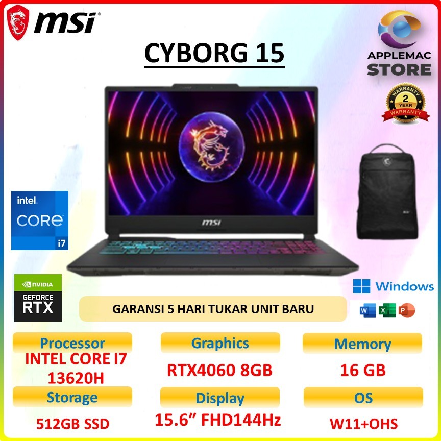 MSI CYBORG 14 I7 13620H RTX4060 8GB/ 16GB 512GB W11+OHS 14.OFHD+ 144HZ 100SRGB BLIT BLK