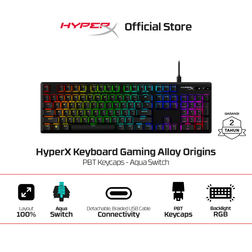 HyperX Keyboard Gaming Alloy Origins 100% Wired Aqua​ Mechanical Switch Aluminium PBT Keycaps RGB LE