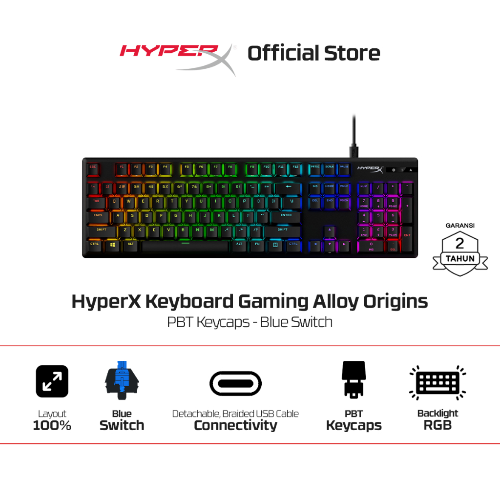 HyperX Keyboard Gaming Alloy Origins 100% Wired Blue​ Mechanical Switch Aluminium PBT Keycaps RGB LE