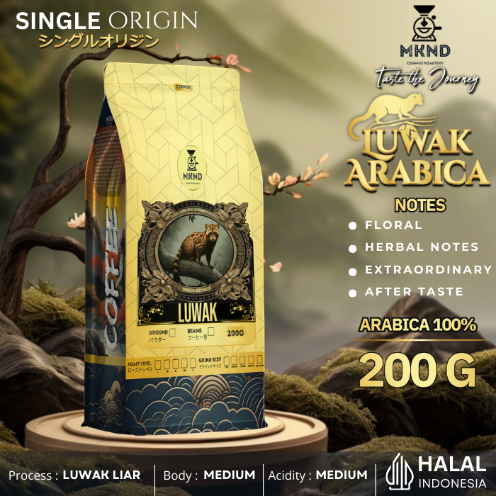 

MKND COFFEE ROASTERY - Arabika Aceh Gayo Luwak Liar 200g Specialty Premium Coffee | Best Coffee | 100% Luwak Liar | Medium Roast