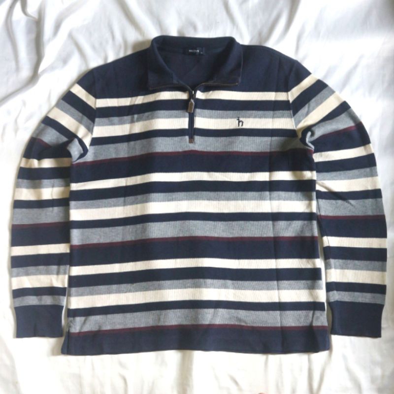 HAZZYS Half Zipper Stripe Salur ada Minus Navy Knitwear Sweater Sweatshirt Crewneck Rajut Wool Jaket