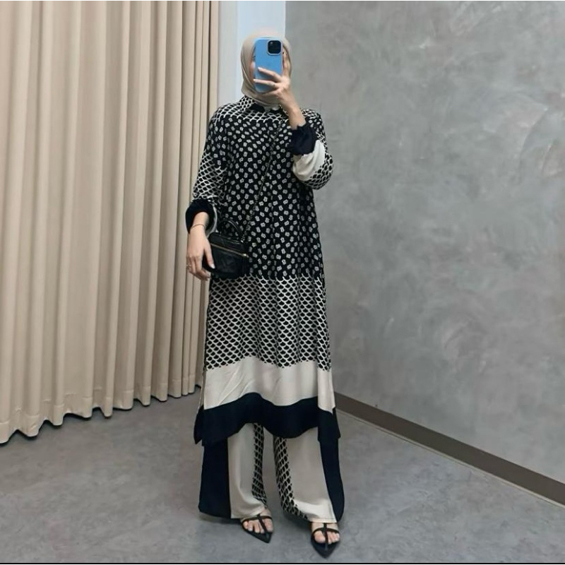 Raya Set Tunik Bahan Katun Rayon Diamond Ld 120 Cm / Baju Setelan Wanita Muslim Kekinian / Setelan T