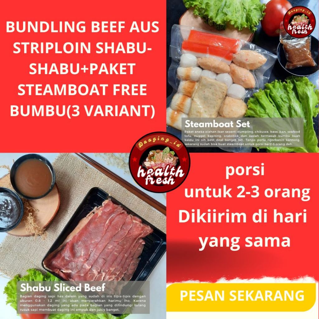 

BUNDLING BEEF AUS STRIPLOIN SHABU-SHABU+PAKET STEAMBOAT FREE BUMBU(3 VARIANT) MURAH