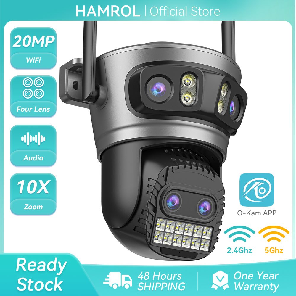 Hamrol 20MP Kamera CCTV Outdoor 4 Lensa 4 Layar PTZ WiFi IP66