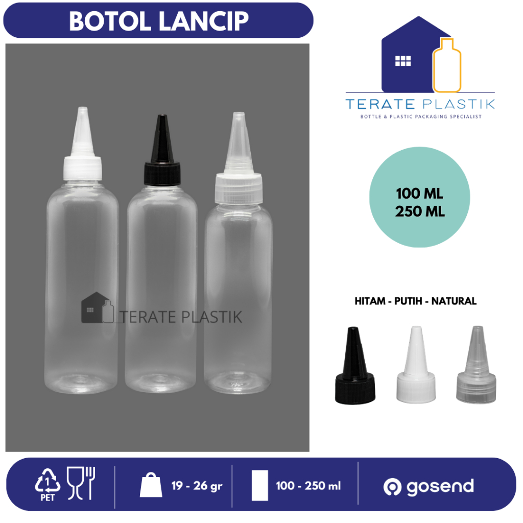 Botol Tutup LANCIP 100ml & 250ml | Bening Tutup Lancip | Botol Tinta | Tutup Putih / Hitam / Natural