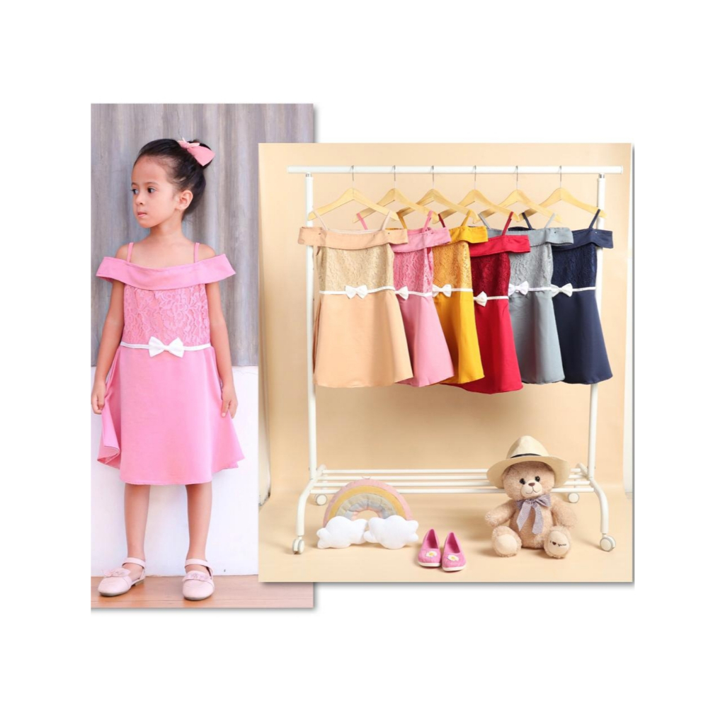 Gaun Pesta Anak Perempuan Dress Leher Sabrina Lengan Pendek Gaun Balet Balerina Anak Cewek Polos Pin