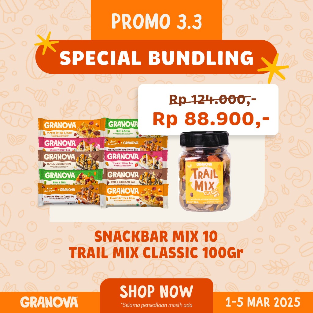 

Granova - Snackbar 26gr x 10 pcs mixed (Rasa Original, Peanut Butter & Berry, Nuts & Chocolate, Coffee, Yoghurt Berry) - Cemilan Sehat, Gandum, Halal - PB & Berry