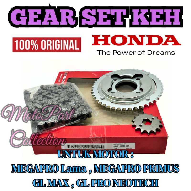 GEAR SET+RANTAI KODE-KEH Ori Honda Megapro Lama-Primus-GL-Max-Pro Neotech Kualitas asli presisi 100%