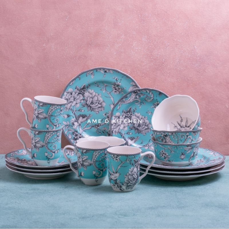 Perlengkapan makan keramik set / Dinner set sango isi 16 pcs adelaide blue