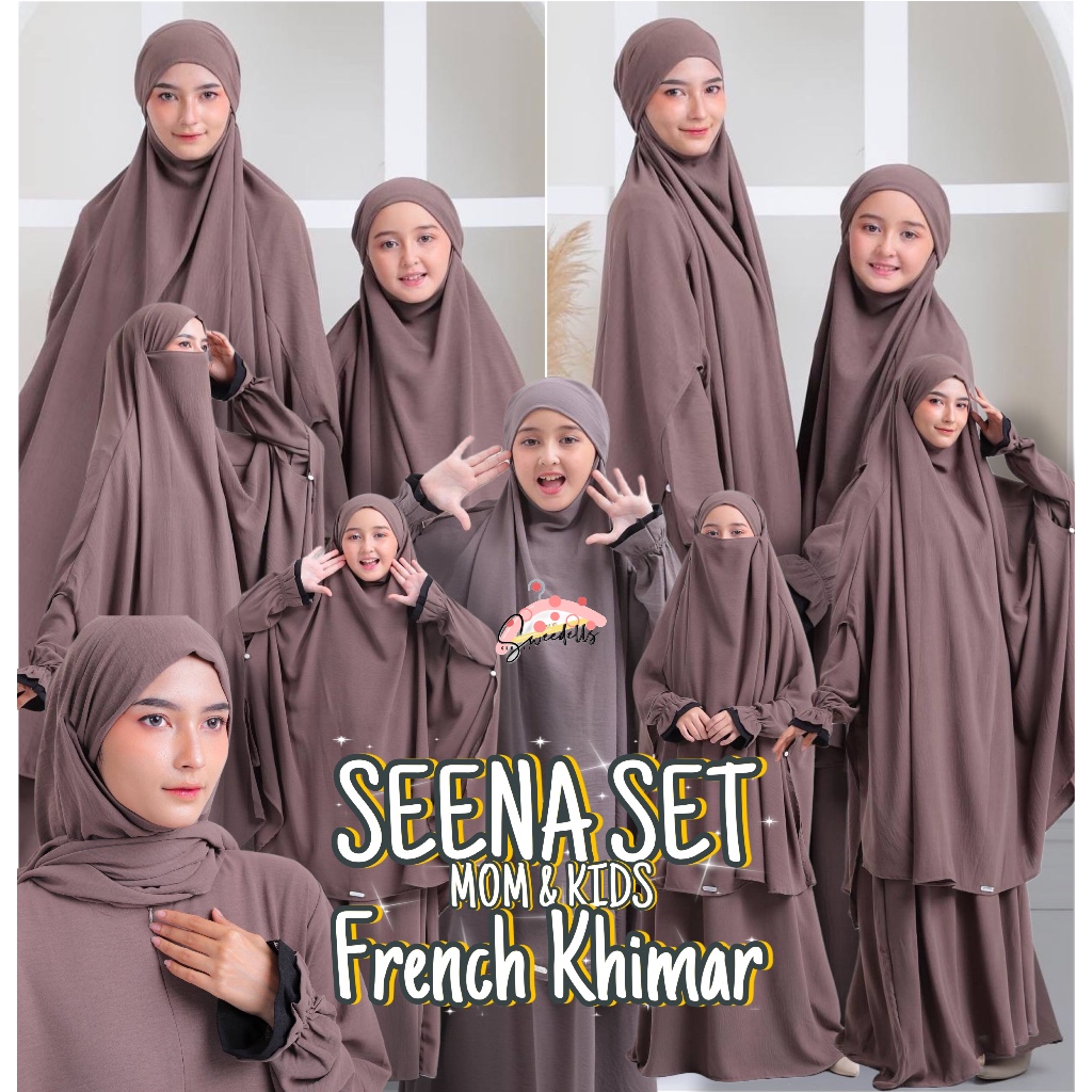 Sweedells / SEENA GAMIS ANAK FRENCH KHIMAR SET SMOKE with MOM COUPLE/ Usia 3 - 13 Tahun Gamis Syar'i