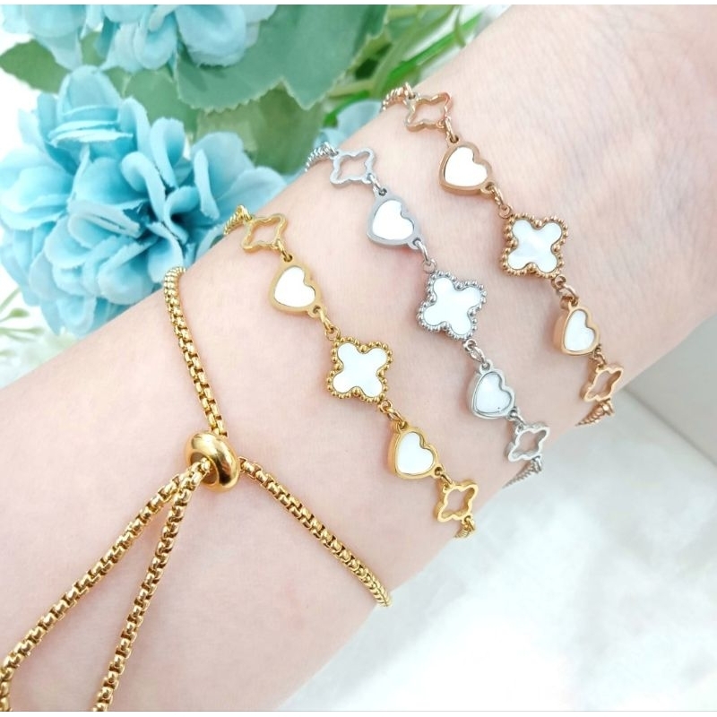 gelang tangan wanita titanium model serut motif bunga clover love cat putih terlaris