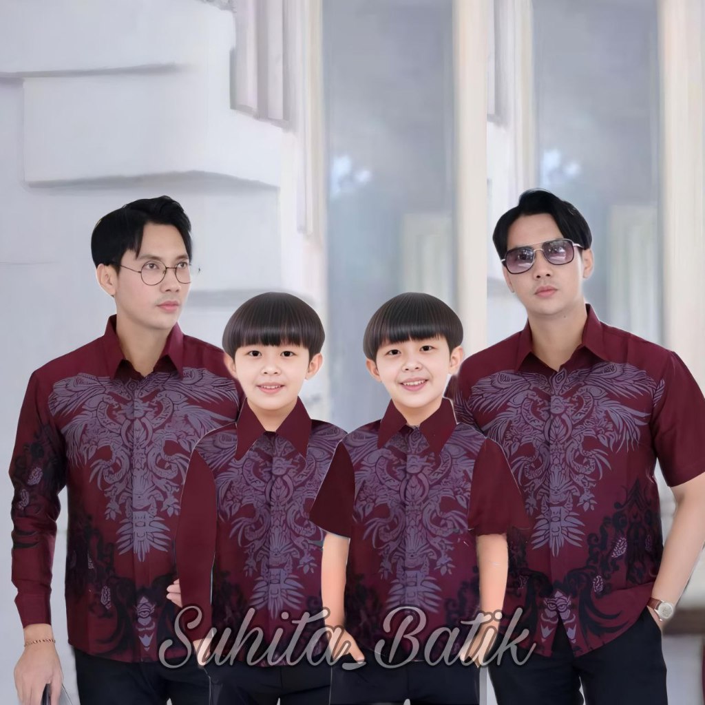 Terbaru Couple Batik Ayah dan Anak Laki-Laki Warna Burgundy || Kemeja Batik Pria Dewasa dan Anak Umu