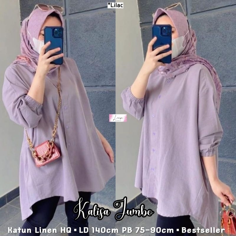 Kalisa Blouse Kemeja Oversize Jumbo Polos Putih Katun Linen Ld 140 Fit XXXXL By Ria