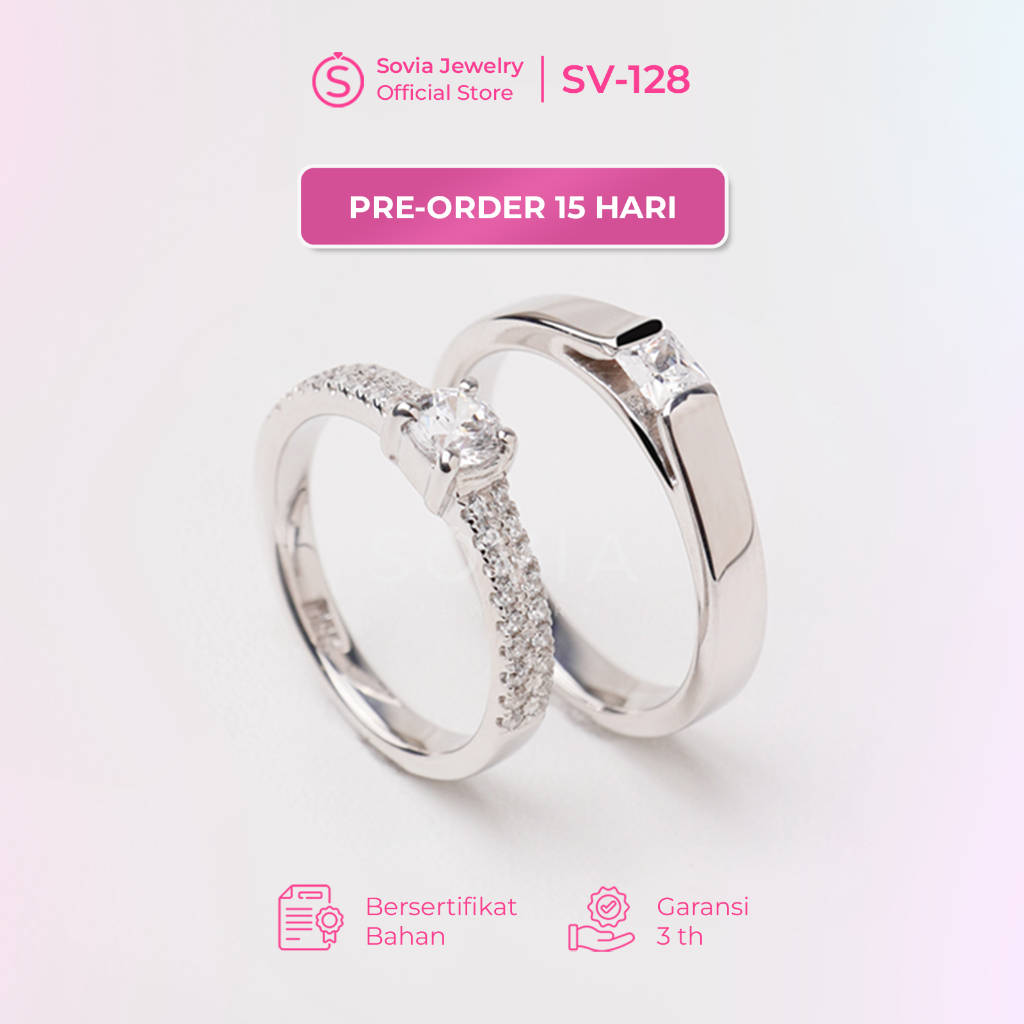 Sovia Jewelry - Cincin Nikah Tunangan Couple Bahan Cowok Perak Rhodium & Cewek Emas Putih 5% SV-128