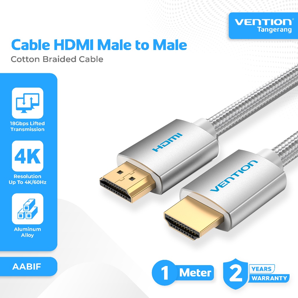 Vention Kabel HDMI 2.0 4K Ultra HD Cotton Braided Silvery Metal HDMI Cable 1M 1 Meter - AABIF