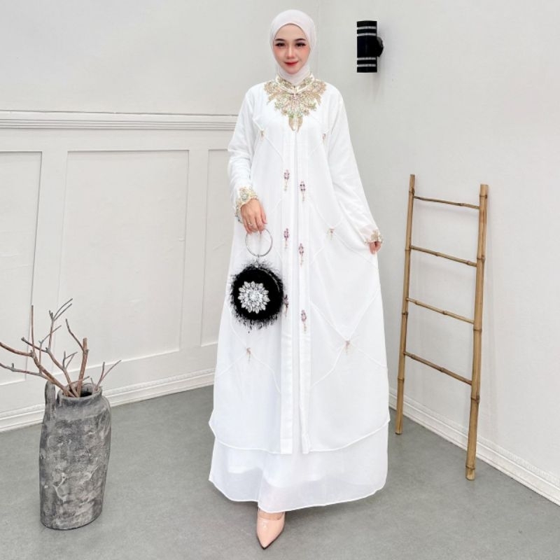 Kaftan Bianca Oneset inner Outer Gamis Dress Lebaran Putih Mewah Elegan Bordir dan Payet handmade