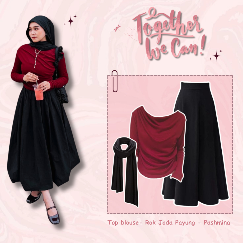 3in1 One Set Wanita Casual Blouse Long Sleeve Rok Joda Payung Pashmina Kaos Jersey BK86