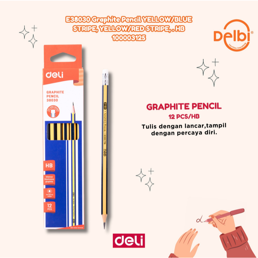 

DELI E38030 Graphite Pencil YELLOW/BLUE STRIPE, YELLOW/RED . HB PENSIL