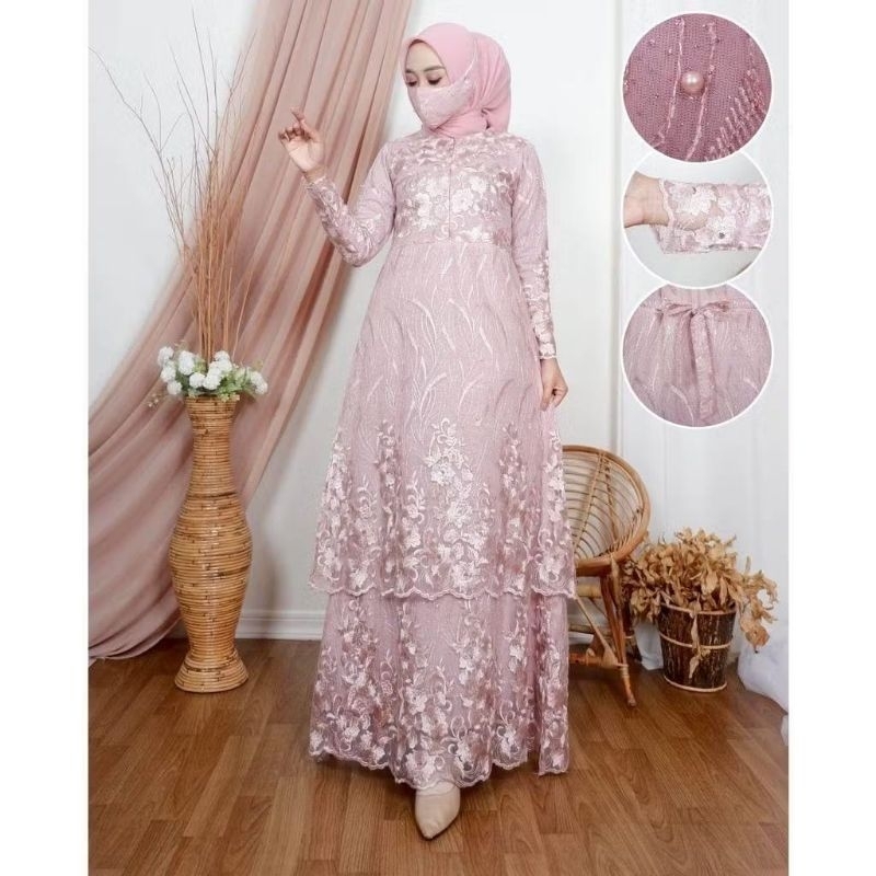 DAVINA - DRESS BAJU GAMIS GAUN BRUKAT REMAJA DEWASA FULL BRUKAT TILE MUTIARA  BUSUI JUMBO WARNA ROSE