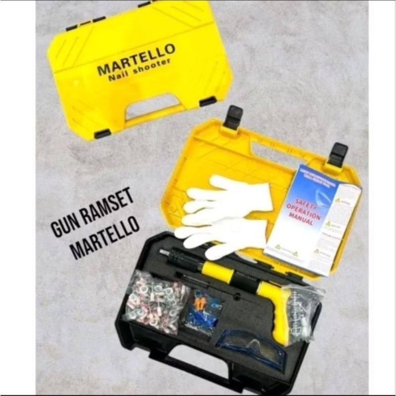 Alat Paku Tembak Plafon, besi, Beton Gun Ramset Komplit Set Box MARTELLO