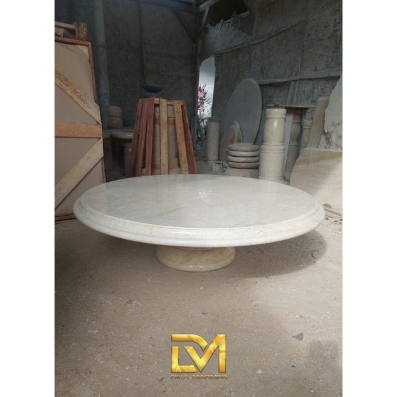 Meja Lesehan Pendek Bentuk Bulat Batu Marmer Putih Krem Super