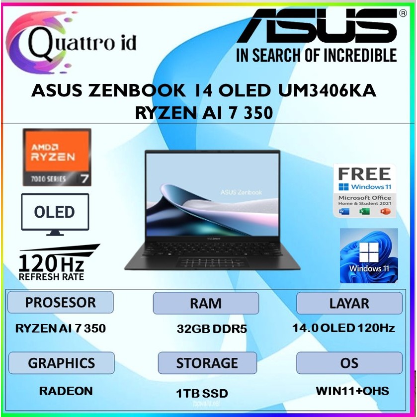 Asus Zenbook 14 UM3406KA Ryzen AI 7 350 32GB 1TB 14"3k Oled Win11+OHS