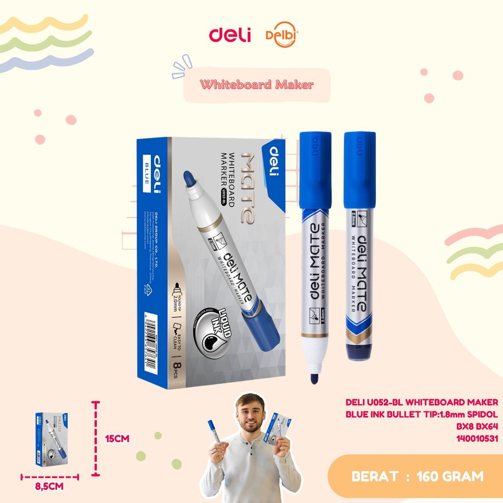 

DELI U052-BL WHITEBOARD MAKER BLUE INK BULLET TIP:1.8mm SPIDOL