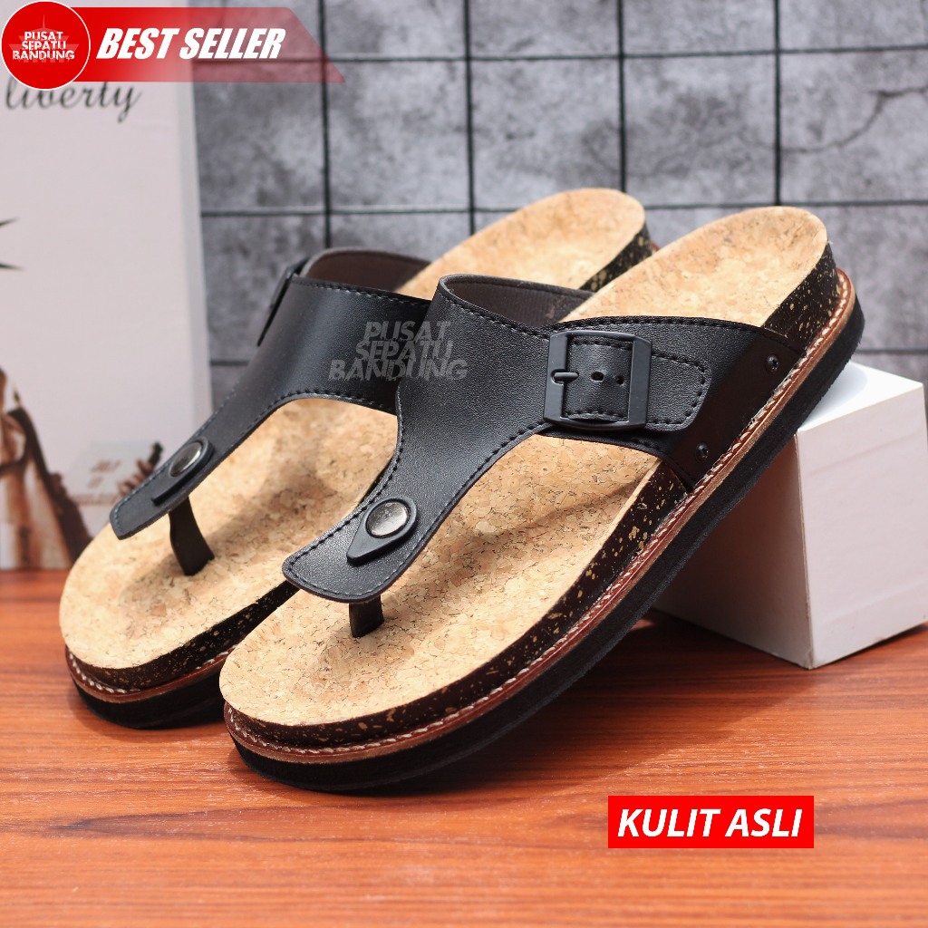 PUSAT SEPATU BANDUNG FAZIO - Sandal Puyuh Jepit Pria Bahan Kulit Warna Hitam Ukuran 38 - 44