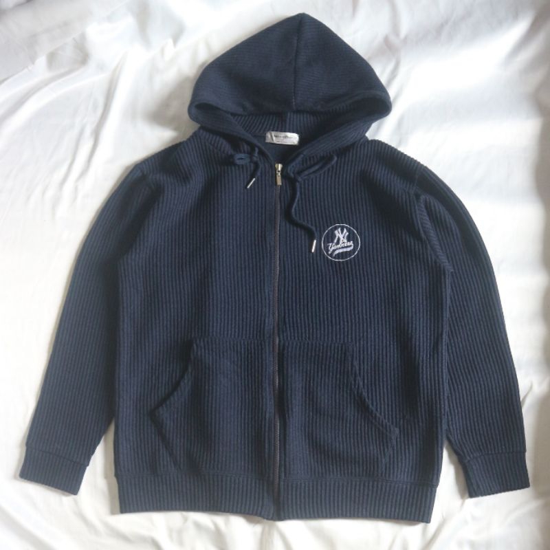 Hoodie Navy Full Zipper Fashion Yankees Bahan Ringan Knitwear Sweater Sweatshirt Crewneck Rajut Wool