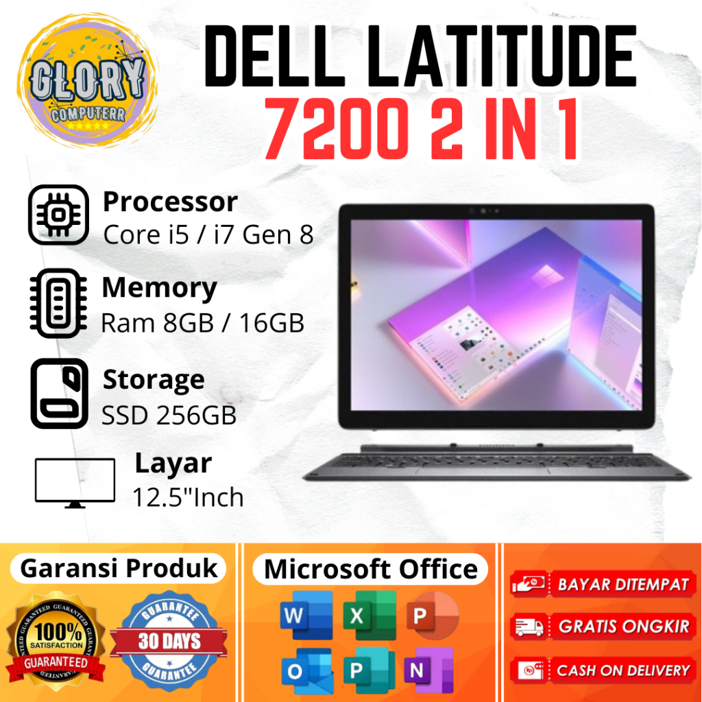 Dell Latitude 7200 2 in 1 Core i5 / i7 Gen 8 Ram 8GB / 16GB, Layar 12.5"Inch ( TS + Keyboard ) Murah