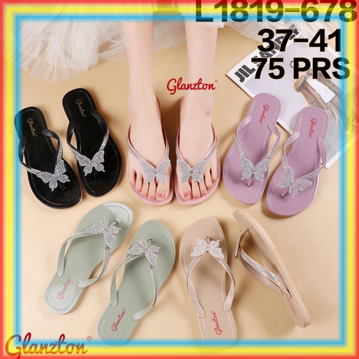 KODE J69G L1819678 Sandal Jepit Kupu Permata Wanita Glanzton Sendal Cewek Jelly Karet Glitter Gliter
