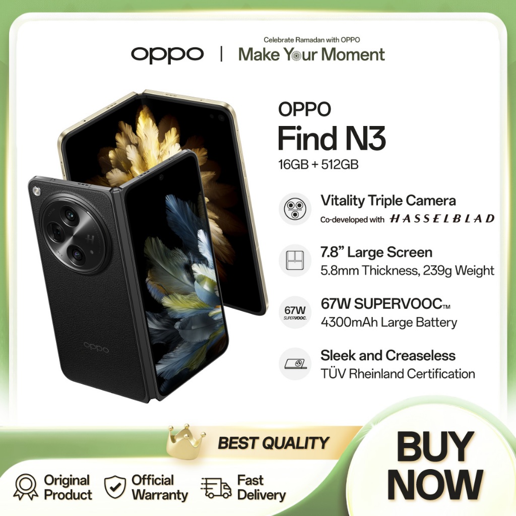 OPPO Find N3 16/512GB [HANDPHONE FOLDABLE 16GB+12GB RAM Expansion, 4805mAh SUPERVOOC 67W, UltraThin]