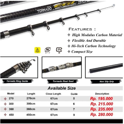 Joran Pancing Udang Tornado Egi Telescopic Pilihan 300 cm Carbon - 300cm